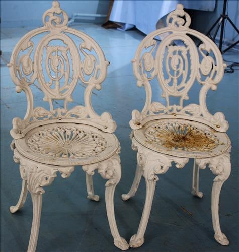 Pair of cast iron ornate white garden chairs (1 of 3)