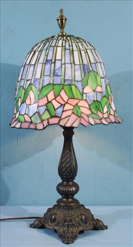Vintage stained glass lamp with bronze base, 24 in. T. (1 of 3)