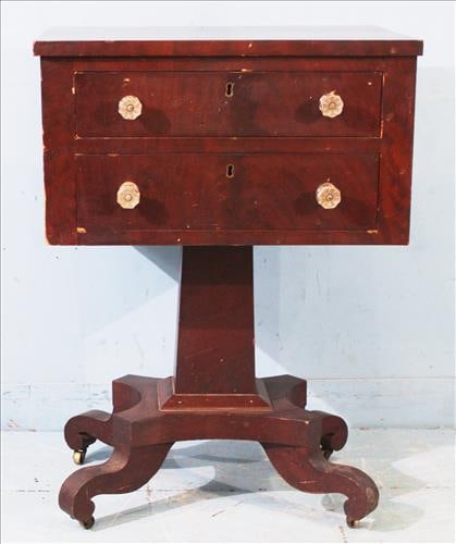 Mahogany 2 drawer work table with original glass pulls (1 of 2)