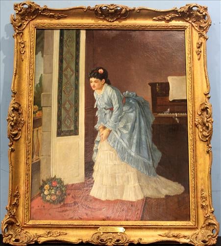 Oil on canvas of young woman with blue dress in antique frame (1 of 3)