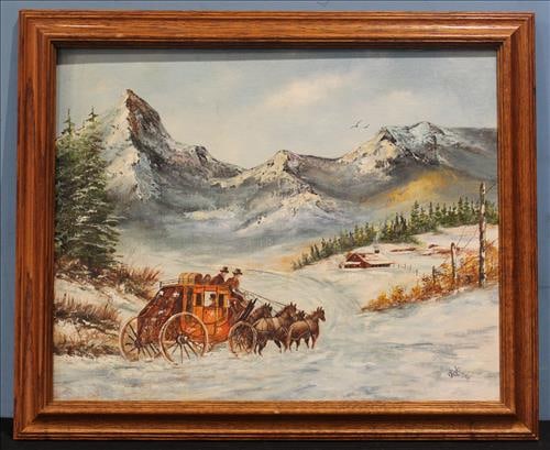 Oil on canvas of stage coach driving through mountains, 19 x 23: Oil on canvas of stage coach driving through the mountains in winter, 19 x 23