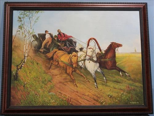 Oil on canvas of 3 men in a run away wagon , signed, 28 x 36: Oil on canvas of 3 men in a run away wagon pulled by 3 horses, artist signed, 28 x 36
