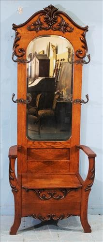 Oak hall tree with bevel mirror back, 80 in. T, 30 in. W, 15 in. D. (1 of 5)