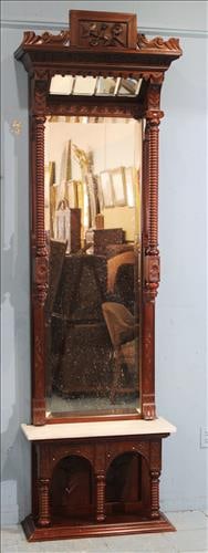 Tall walnut beveled pier mirror with white marble insert (1 of 3)