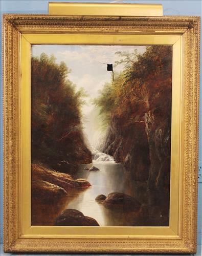 Antique oil on canvas of mountain stream in fall (1 of 3)