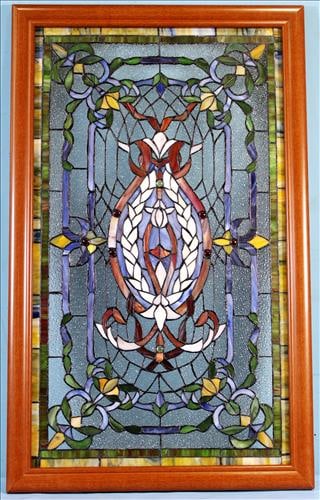 Contemporary church style stained glass window in oak frame (1 of 3)