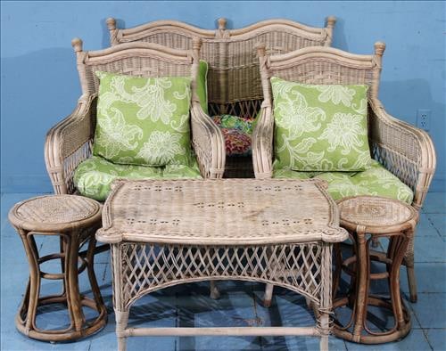6 piece set of natural wood wicker set , sofa, 2 chairs, 3 tables (1 of 4)