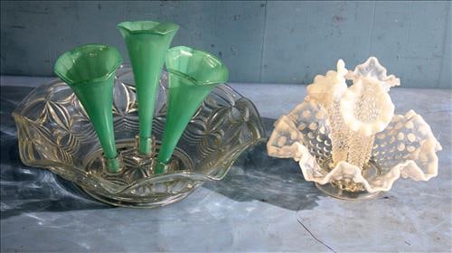 2 piece lot of vintage art glass epergnes, hobnail and clear glass: 2 piece lot of vintage art glass epergnes, I small old Fenton hobnail with 3 trumpets and 1 clear glass with 3 green trumpets, no cracks or chips - 9 in. T, 15 in. W.