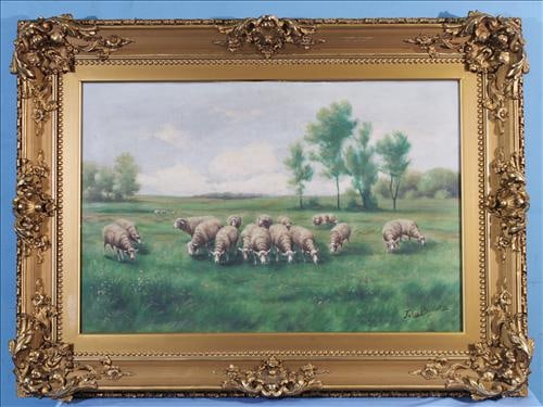Antique oil on canvas of sheep grazing in a field, 38 x 32: Antique oil on canvas of sheep grazing in a field by Jules Brillette, signed by artist, has small damage in center of painting, 38 x 32