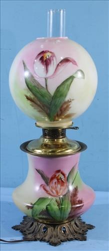 Hand painted gone with the wind lamp with tulips, 27 in. T. (1 of 3)