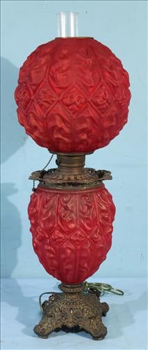 Red gone with the wind satin glass lamp, 31 in. T.: Red gone with the wind satin glass lamp, has small hole in side of shade at top, 31 in. T.
