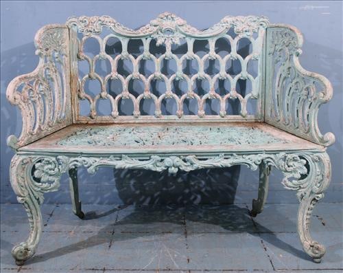 Very ornate aluminum garden bench painted blue, 35 in. T, 38 W. (1 of 3)