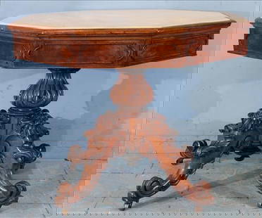 Alexander Roux octagon center table with inserted marble top: Alexander Roux octagon center table with original white inserted marble top and ornate base and legs, 32 in. T, 40 in. octagon top