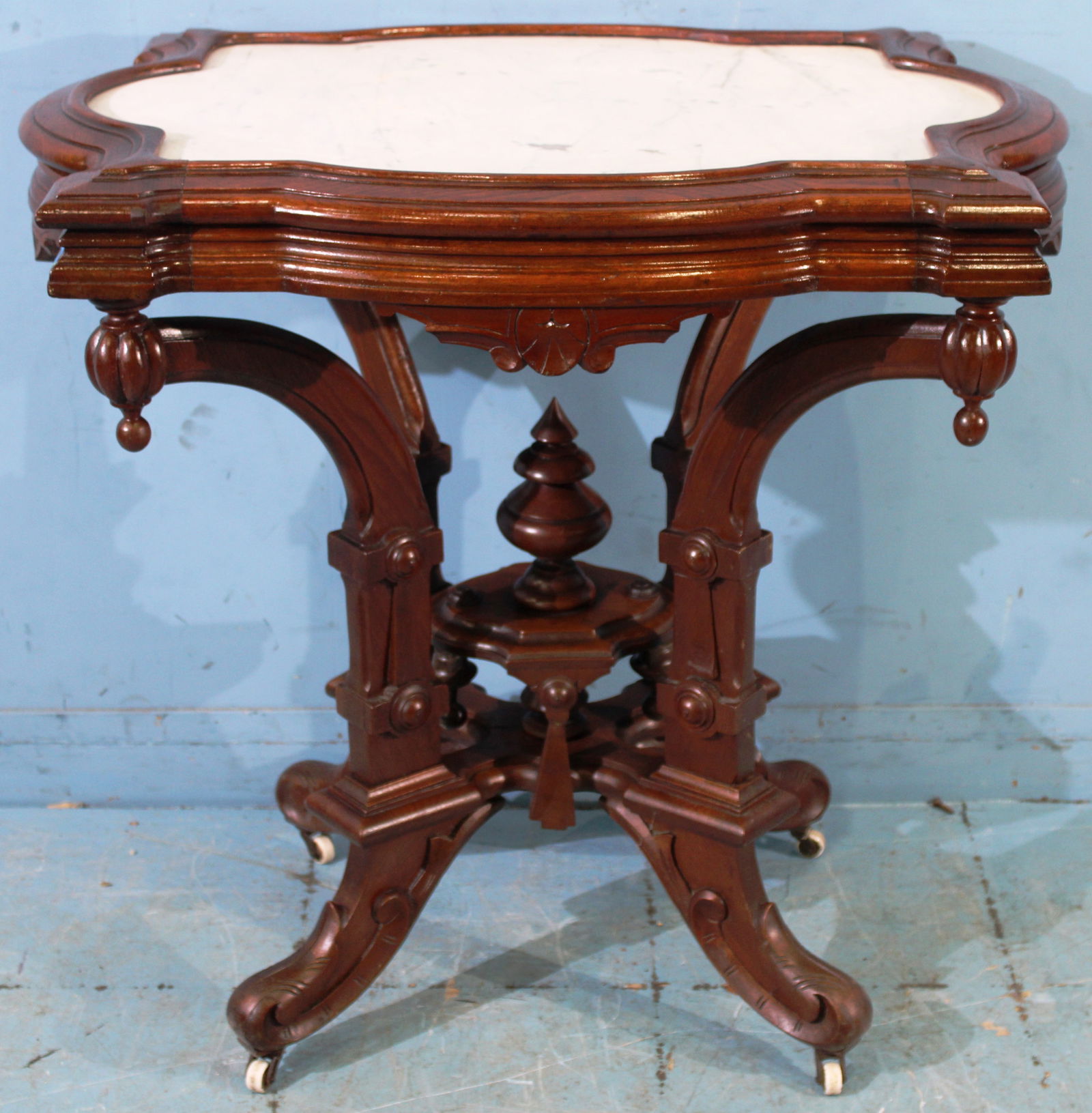 Walnut Victorian center table with white inserted marble top (1 of 5)