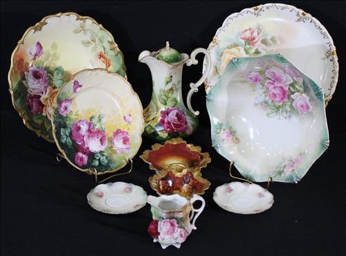 10 piece lot of hand painted porcelains, R.S. Prussia, Limoges: 10 piece lot of hand painted porcelains, most signed, R.S. Prussia and Limoges, large plate size - 12 in. Dia.