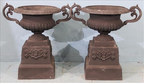 Pair of cast iron 2 piece black double handle urns, 27 in. T, 26 W. (1 of 2)