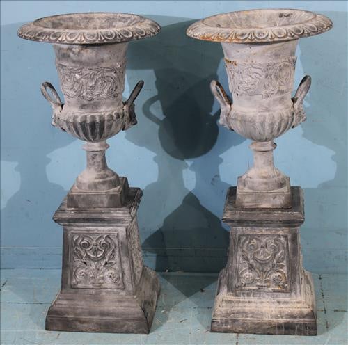 One piece cast iron gray double handle urns on stand, 42 in. T. (1 of 2)