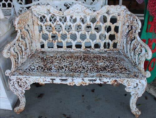 Small very heavy solid cast iron garden bench, 34 in. T, 35 in. W. (1 of 4)