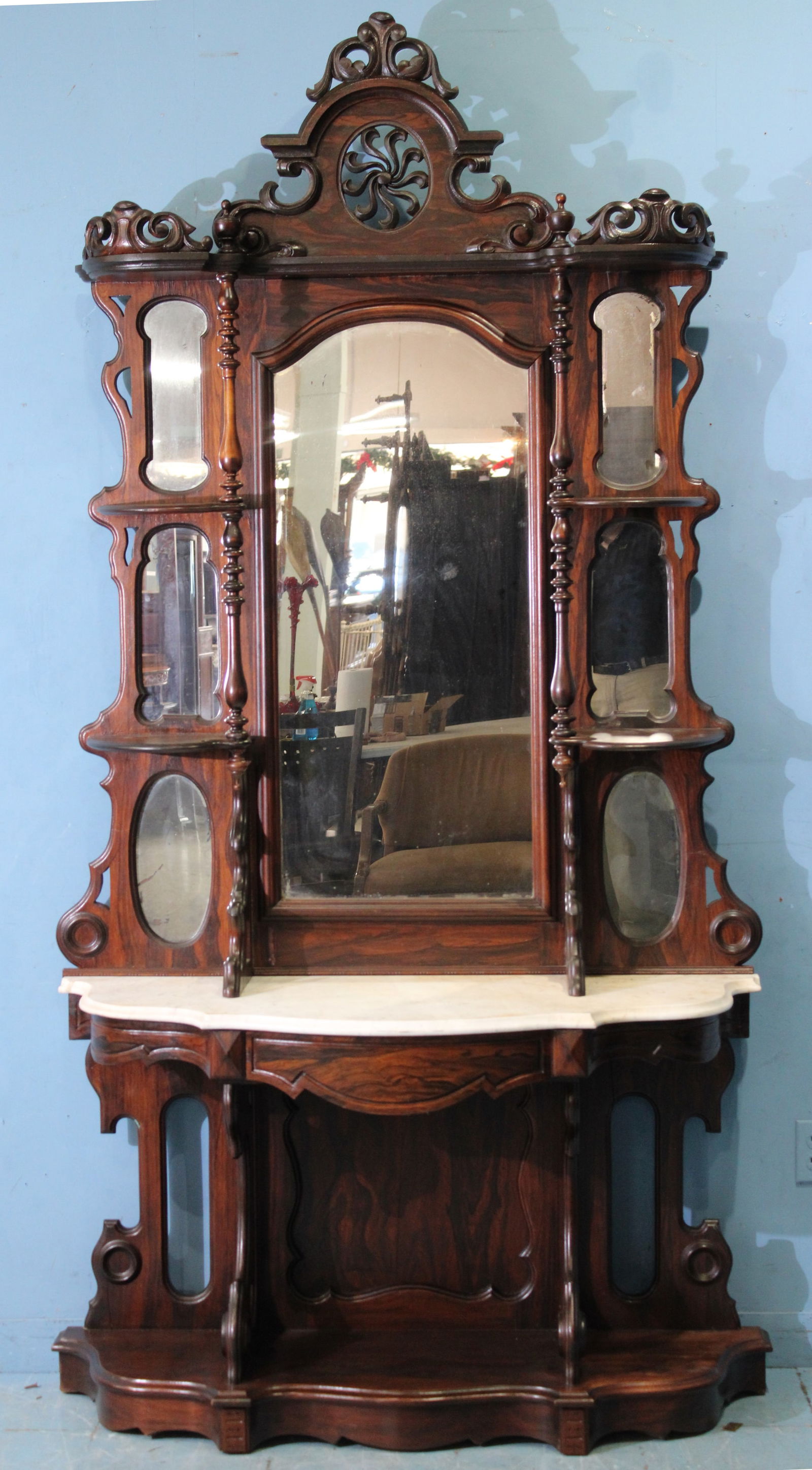 Walnut Victorin 2 piece etagere with marble insert, mirror back, 8 ft. T, 4 in. W, 18 in. D. (1 of 3)