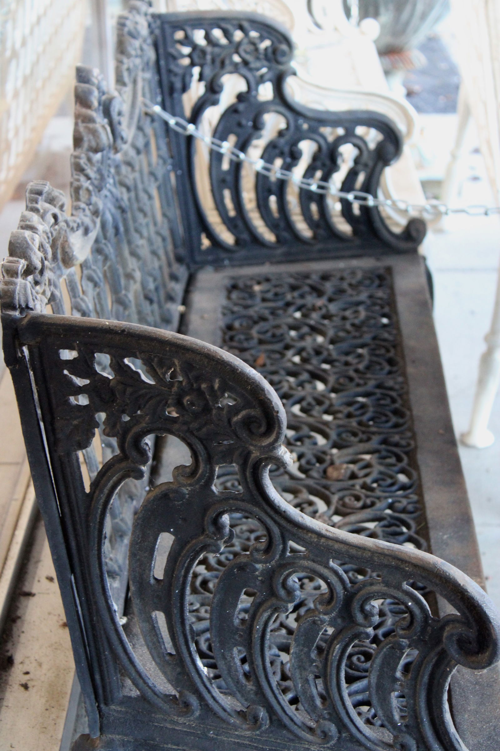 Heavy black cast iron garden bench from Columbus estate with rounded back, 38 in. T, 48 in. W, 13 (1 of 3)