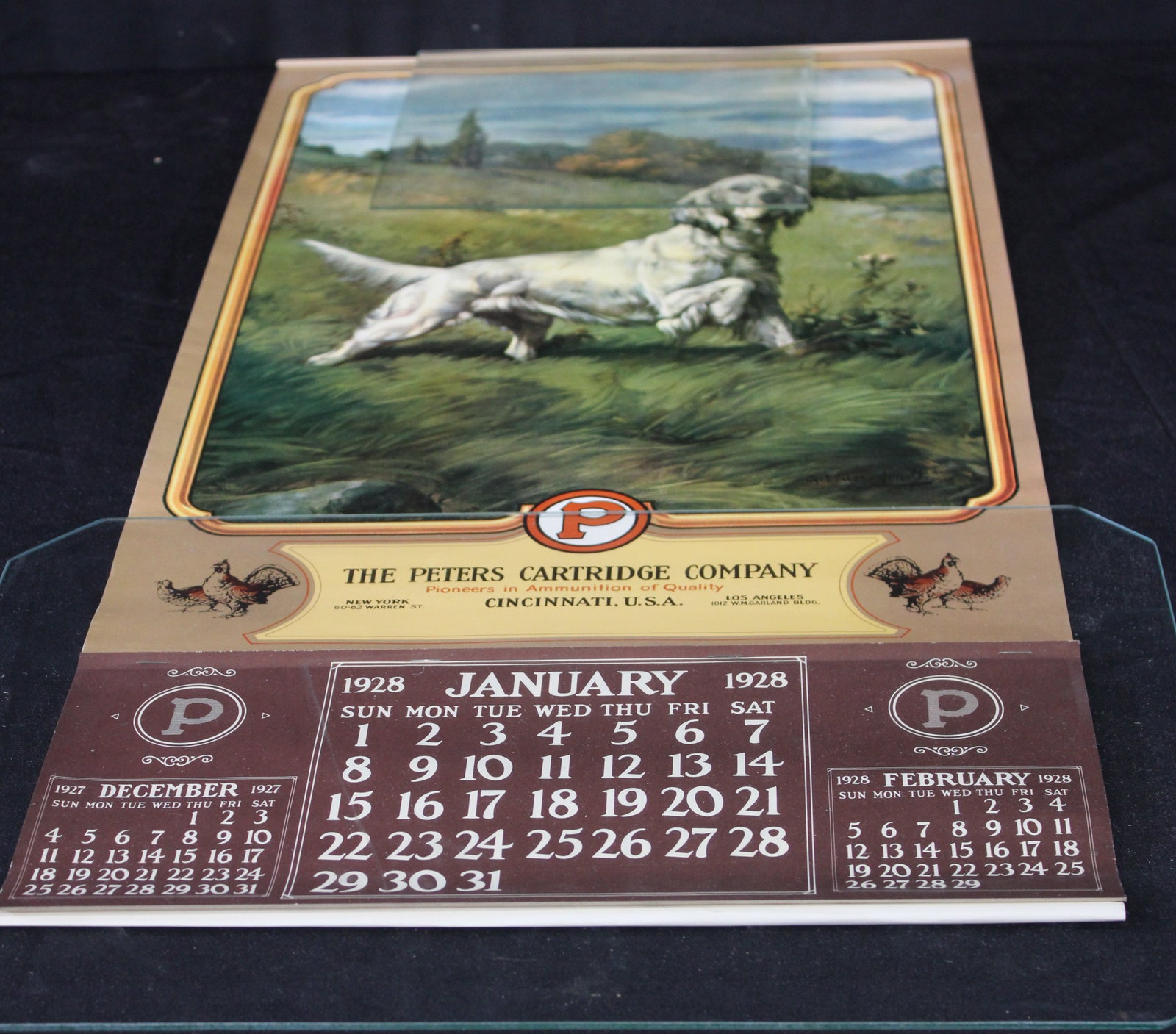 Vintage unused hanging wall calender with pointer dog for the Peters Cartridge Company, Cincinnati,: Vintage unused hanging wall calender with pointer dog for the Peters Cartridge Company, Cincinnati, Ohio, 31 x 13