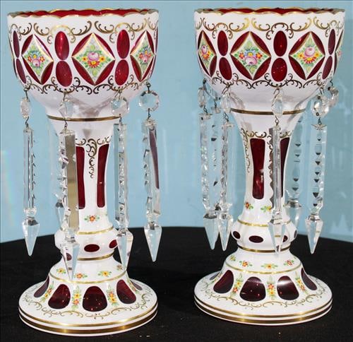 Pair of cranberry and white mantle lusters with prisms, 12 in. T.: Pair of cranberry and white mantle lusters with hand painted flowers and 8 in. prisms, 12 in. T, 6 in. Dia.