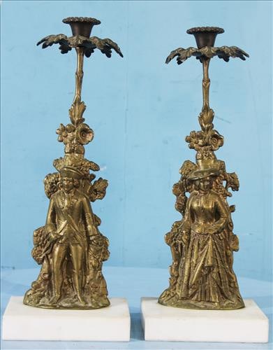 Pair of bronze girandoles on marble base, missing prisms (1 of 3)