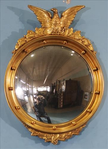 Antique round Federal mirror with spread eagle crown, 26 in. T. (1 of 2)