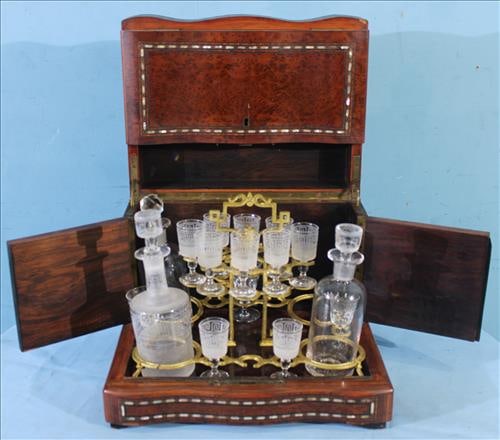 Tantalus set with ornate inlaid mother of pearl case