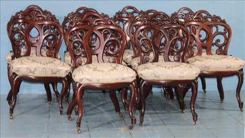 Set of 12 Belter chairs w pierced carved backs, ivory upholstery (1 of 4)