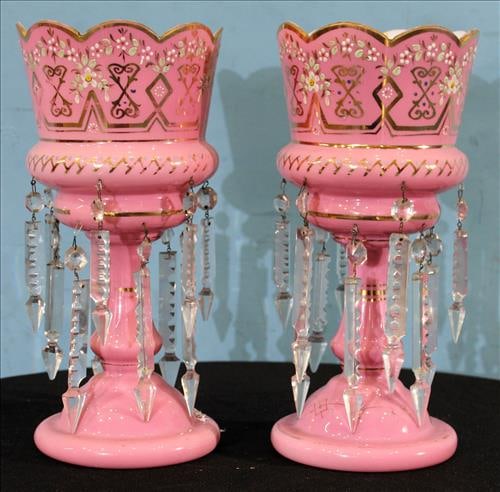 Pair of pink mantle lusters with gold enamel paint, 13 in T, 6 in. D. (1 of 3)