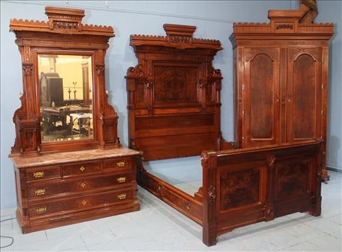 3 piece walnut Eastlake bedroom suit, bed, dresser, wardrobe (1 of 14)