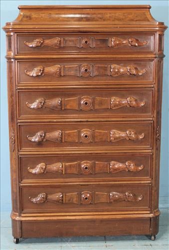 Beautiful walnut Victorian 6 drawer chest with carved wood pulls (1 of 5)