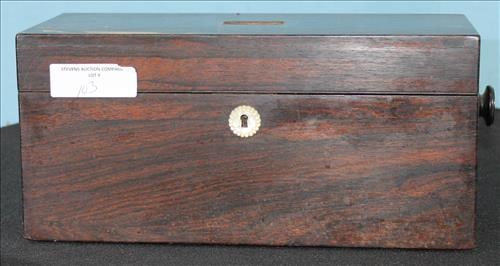 Mahogany tea caddy w original inserts, mother of pearl accents: Mahogany tea caddy with original inserts, round handles and mother of pearl accents, 7 in. T, 14 in. W, 7 in. D.