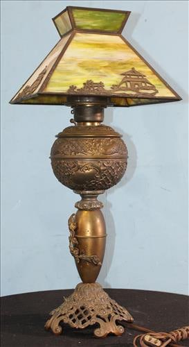 Victorian slag glass lamp w coordinating base and shade, 27 in. T.: Victorian slag glass lamp with coordinating base and shade with green glass inserts, 27 in. T.