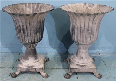 Pair of large footed cast iron planters, gray w fluted top, 24 in.  T.
