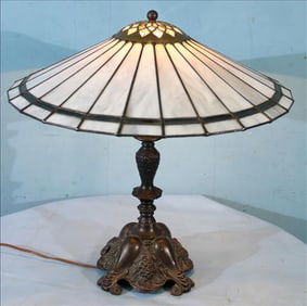 Contemporary stained lass lamp with white round shade, 20 in. T.