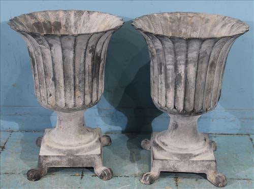 Pair of gray cast iron footed planters with fluted tops, 19 in. T. (1 of 4)