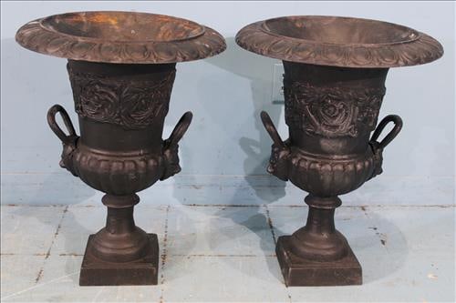 Pair of black cast iron double handle urns, 24 in. T, 18 in. R. (1 of 4)