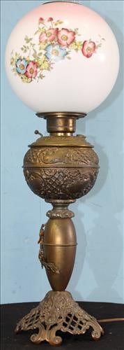 Victorian banquet lamp with hand painted shades: Victorian banquet lamp with hand painted shades with flowers and bronze base, 32 in T.