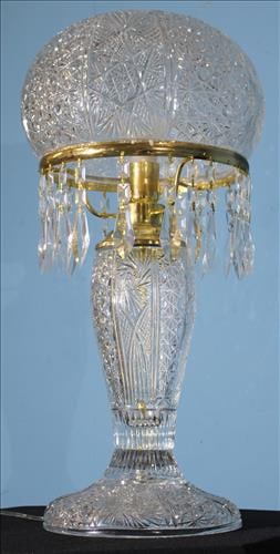 Cut glass lamp with mushroom shade and brass accents, 26 in. T.: Cut glass lamp with mushroom shade and brass accents, 26 in. T.