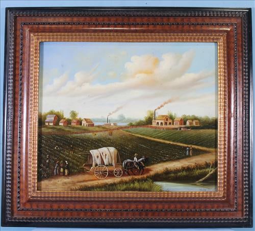 Oil on canvas of plantation scene with paddle boat, 30 x 33: Framed oil on canvas of plantation scene with paddle boat arriving to pick up cotton, 30 x 33