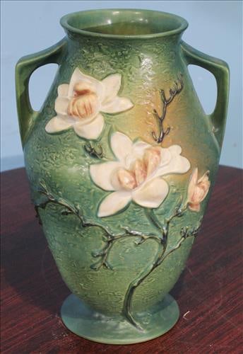 Hand painted double handle vase with white flowers, 15 in. T. (1 of 2)
