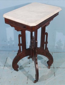 Walnut Victorian small lamp table with white marble top