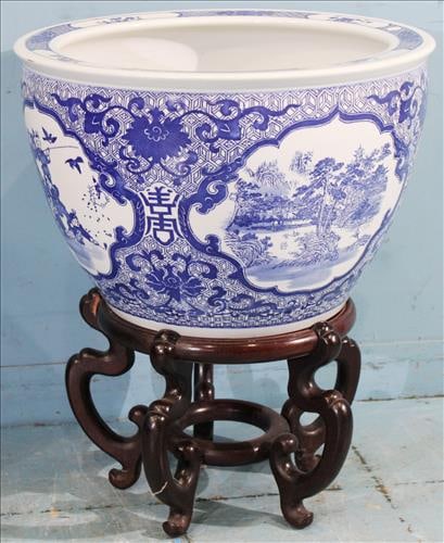 Large blue and white Asian fish bowl on wooden stand, 25.5 W. (1 of 2)