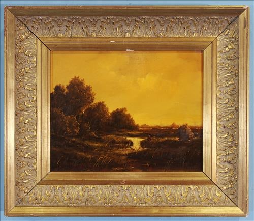 Oil on board of a man fishing, in gold frame, 19 x 13: Oil on board of a man fishing, in gold frame, 19 x 13