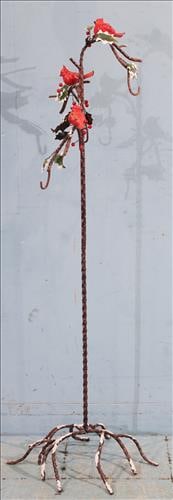 Metal Christmas yard art of red birds sitting on a stand with three hanging porcelain lanterns: Metal Christmas yard art of red birds sitting on a stand with three hanging porcelain lanterns, stand - 30 in. T, 15 in. W.