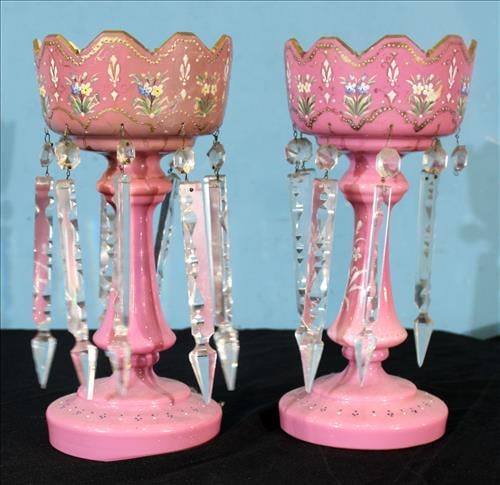 Pair of pink mantle lusters with hand painted flowers, 14 in. T.: Pair of pink mantle lusters with hand painted flowers, 14 in. T, 18 in. prisms