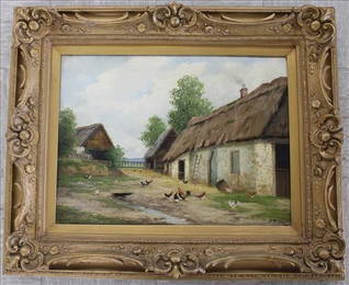 Oil on canvs of English barnyard at thatched roof cottage, 28 x 24