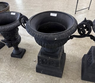 Pair of black cast iron double handle planters,  26 in. T, 14 in. D.